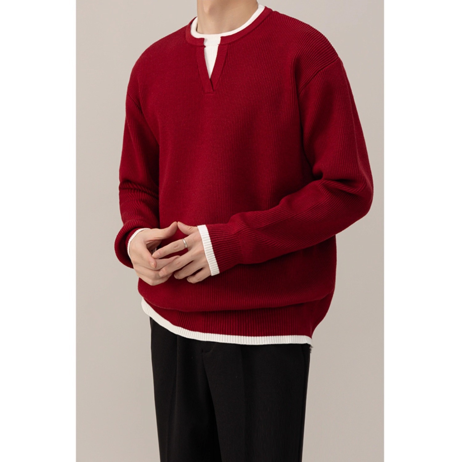 假两件红色新年毛衣男2025秋冬新款蛇年跨年本命年内搭针织衫外套