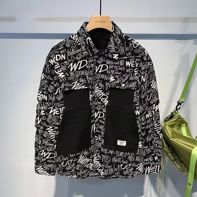 字母涂鸦痞帅衬衫男春秋设计感潮牌男装炸街长袖衬衣外套日系夹克