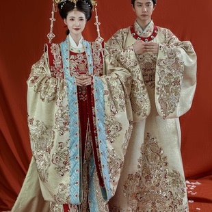 倒敘明制漢服婚服新中式 金色大拖尾 朝代禮服結婚鳳冠霞帔2024新款