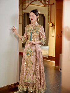 樱花粉秀禾服重工珠绣圆摆铺床新娘结婚修身 长袖 中式 出租倒叙新款