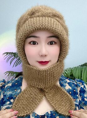 手工针织帽子女秋冬季保暖护颈洋气护耳毛线帽包头帽围巾帽子一体