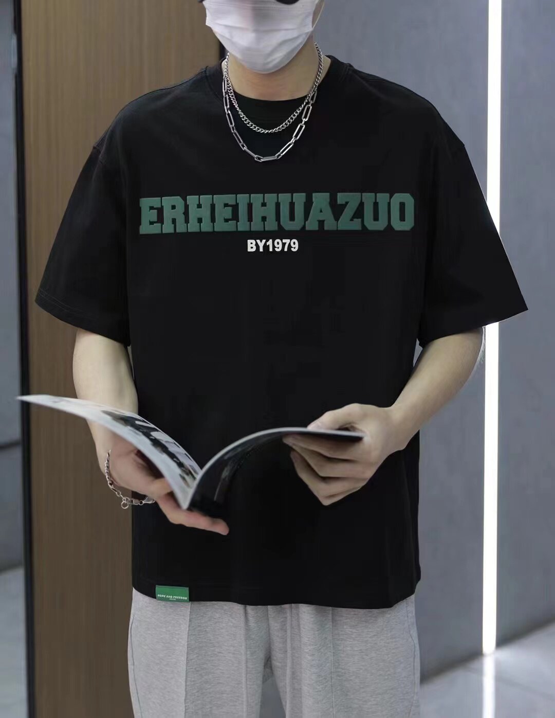 菲尔尤莫国潮7号咖啡色立体字男士高档休闲字母纯棉高克重短袖T恤
