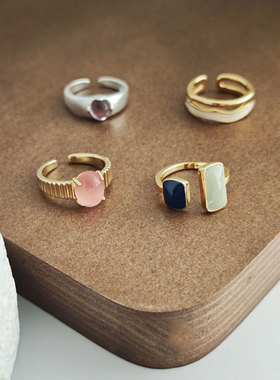 粉色锆石戒指女式天然猫眼石镶嵌个性宽边开口戒指法式时尚指环潮