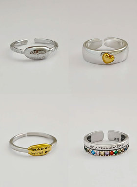 S925纯银男女时尚复古做旧戒指彩钻字母爱心开口戒食指戒 不掉色