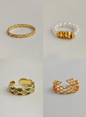 菱形素圈戒指女镂空蕾丝花边开口戒指环感食指戒金色珍珠碎银戒指