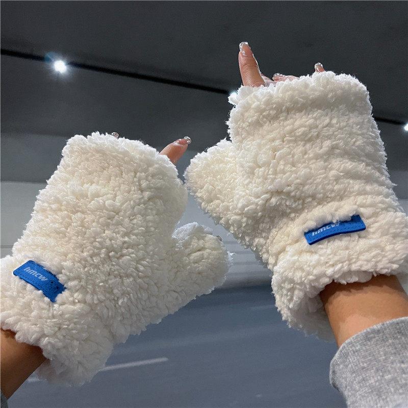 毛绒露指手套女冬季加厚保暖半指可触屏学生写字工作韩版加绒防寒