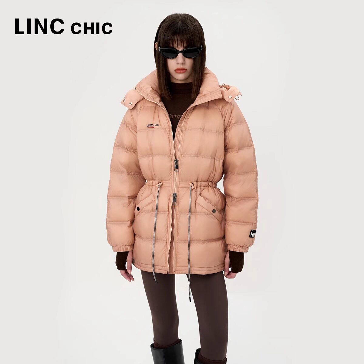 LINC收腰轻薄中长款连帽羽绒服