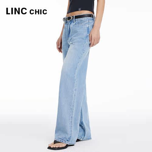 LINCCHIC金羽杰女中腰直筒牛仔裤