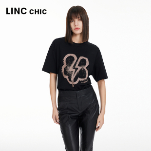 LINCCHIC金羽杰2024年春夏季 体恤女S241TS033 圆领廓形印花短袖