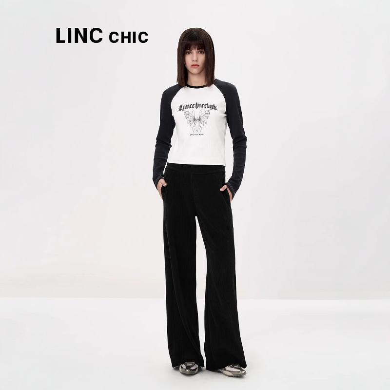 LINCCHIC松紧腰丝绒直筒裤