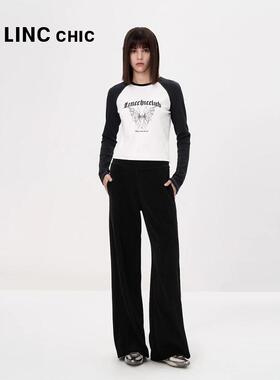 LINCCHIC金羽杰专柜正品松紧腰直筒“丝绒”裤女S243KP554