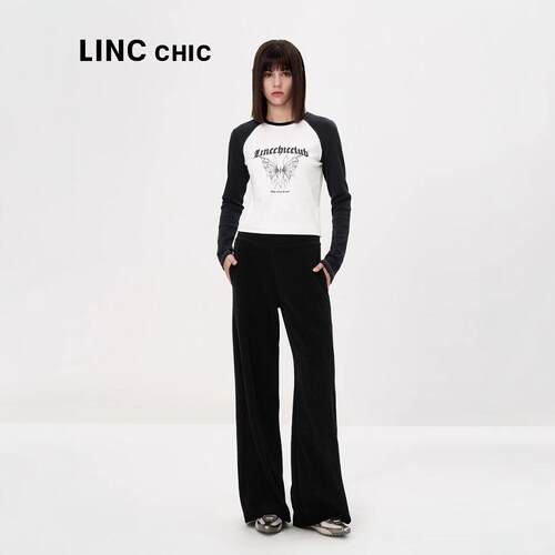 LINCCHIC松紧腰丝绒直筒裤