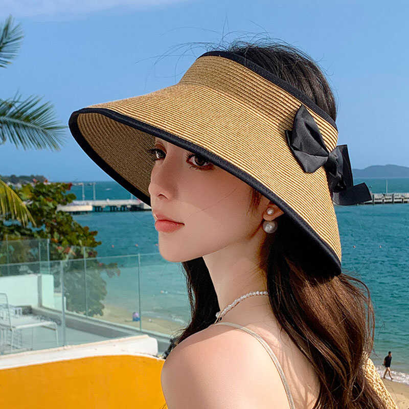 夏季女款草编大檐防晒空顶帽