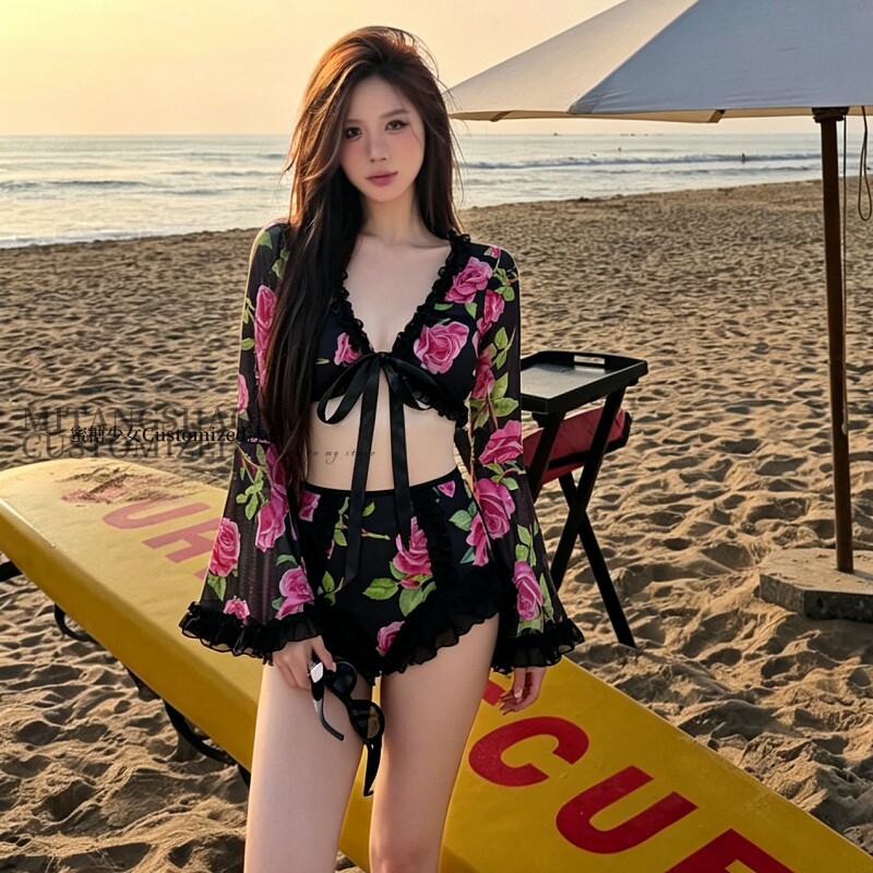 复古法式玫瑰印花深V领蕾丝长袖泳衣女 纯欲风性感高腰度假比基尼