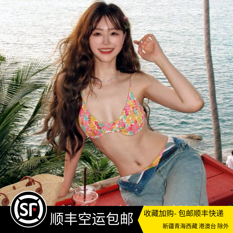 ins欧美性感复古碎花辣妹比基尼 小胸钢托聚拢海边温泉度假泳衣女