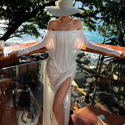 松弛感绝美女神白色透视网纱长裙