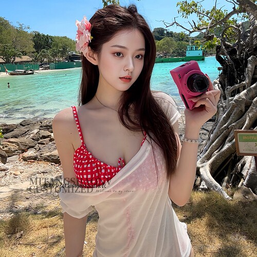 泰式辣妹红色格子吊带比基尼罩衫