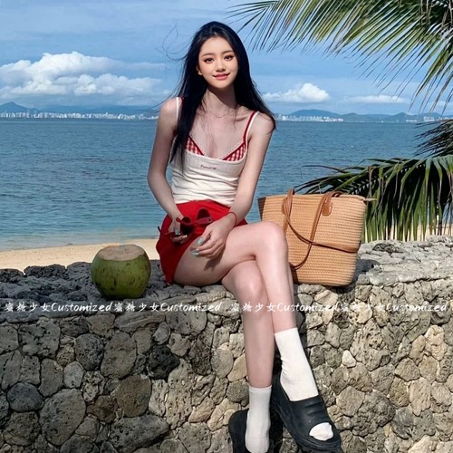 性感分体红色格子吊带半裙比基尼