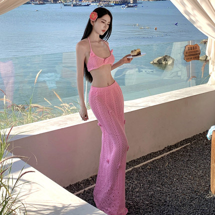 纯欲风粉色花朵针织镂空吊带长裙比基尼高级感海岛度假超仙女泳衣