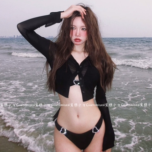 欧美性感网红辣妹比基尼长袖罩衫三件套海边度假风斩男拍照泳衣女