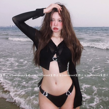 欧美性感网红辣妹比基尼长袖罩衫三件套海边度假风斩男拍照泳衣女