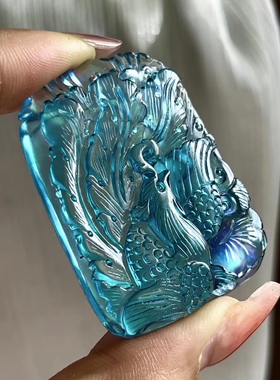天然海蓝宝吊坠雕刻凤凰吊坠海蓝宝雕刻凤凰挂件