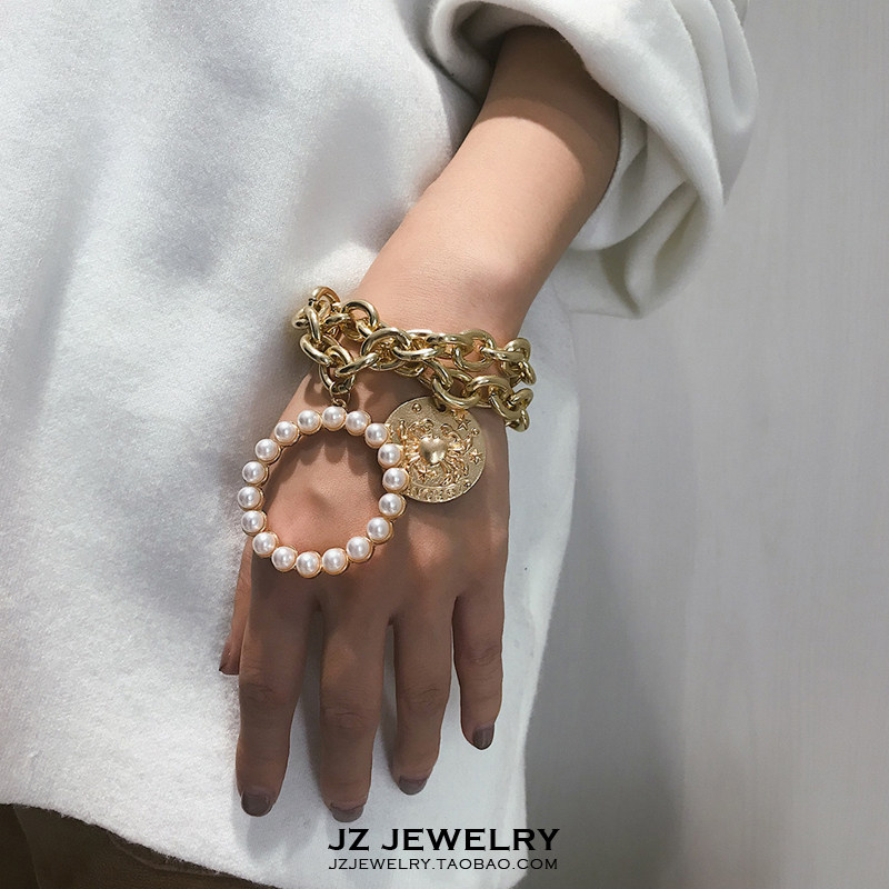 jz bracelet 欧美复古ins手镯 时尚夸张粗链条珍珠金币双层手链女