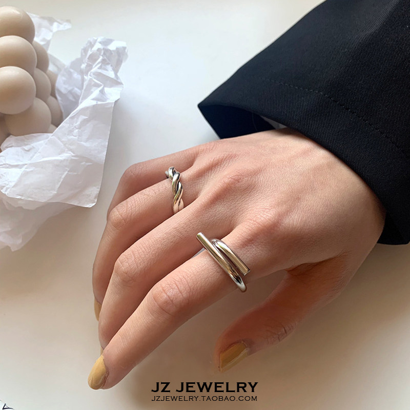 JZ Ring S925纯银 欧美复古冷淡风指环男 韩国气质麻花开口戒指女