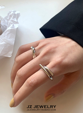 JZ Ring S925纯银 欧美复古冷淡风指环男 韩国气质麻花开口戒指女
