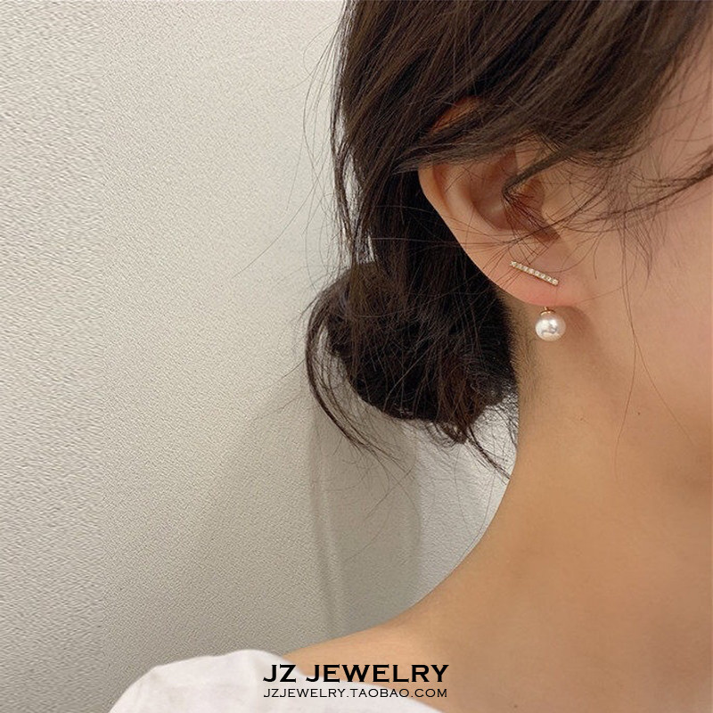 JZ Earring 925纯银 欧美简约耳钉 韩国闪钻超仙气质一字珍珠耳环