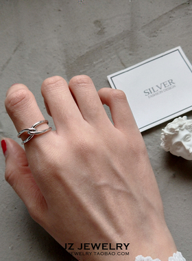 JZ Ring S925纯银 欧美简约指环男 韩国气质交叉打结开口戒指女