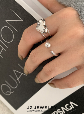 JZ 925纯银韩国简约ins博主冷淡风气质 复古爱心可调节开口戒指女