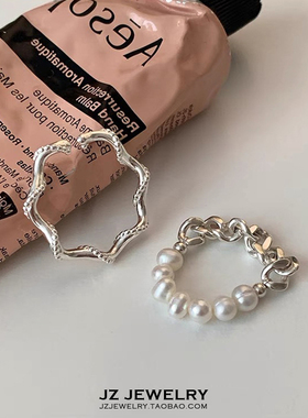 JZ 925纯银韩国ins简约气质 冷淡风高级感珍珠链条扭转开口戒指
