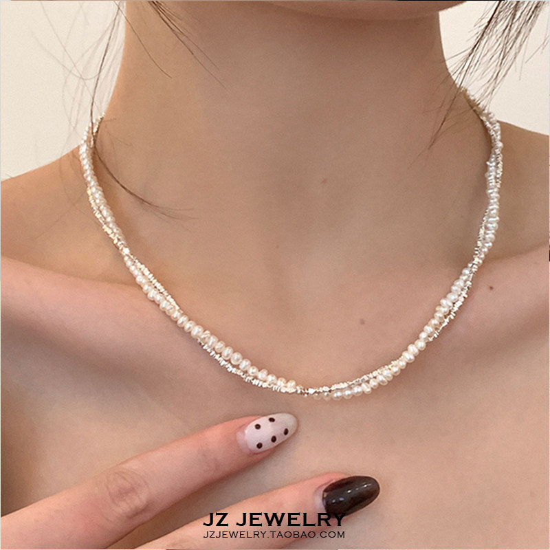 JZ日韩风双层珍珠项链女925银颈链叠戴轻奢高级小众设计短锁骨链