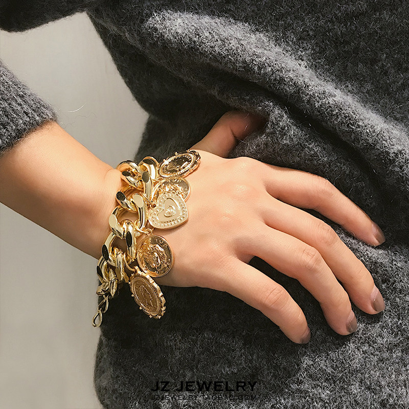 JZ Bracelet 欧美复古ins风手镯 时尚个性夸张粗链条金币手链女