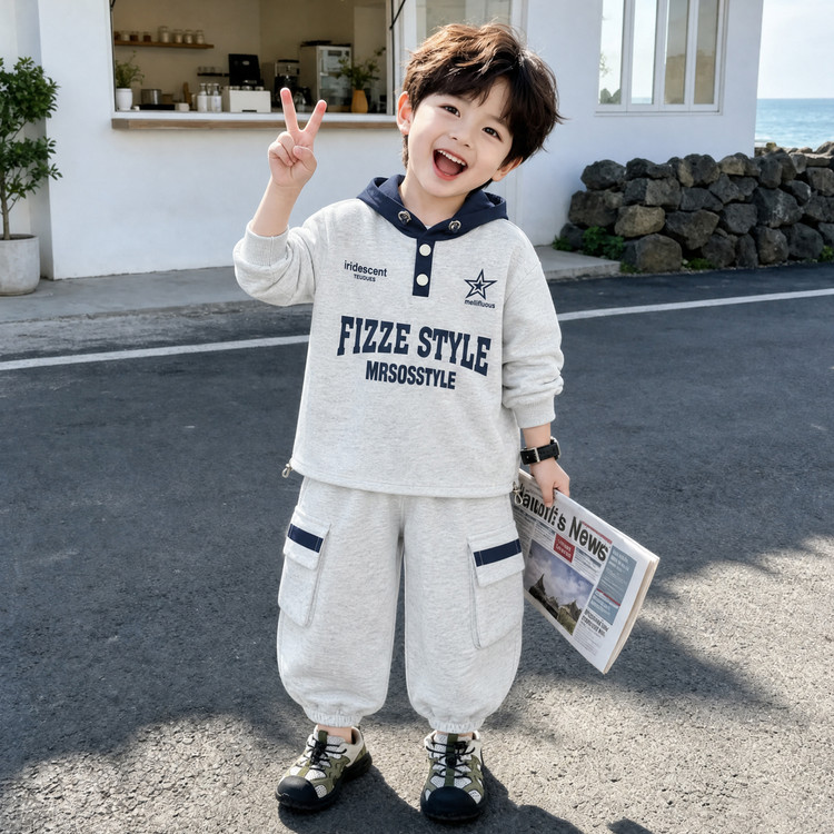 男童套装秋款2026新款痞帅男宝宝连帽卫衣两件套儿童秋季时髦衣服