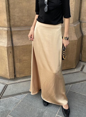 SWHP 【现货】通勤丝滑垂感高腰半身裙早秋简约百搭优雅A字中长裙