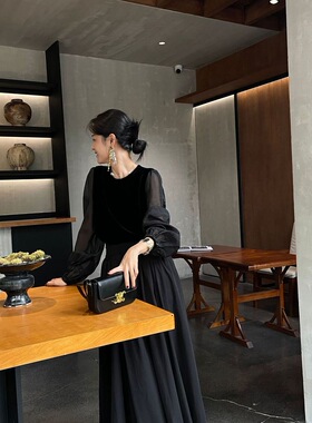 SWHP 【现货】绒面拼接圆领长袖打底衫春秋冬高级通勤百搭上衣