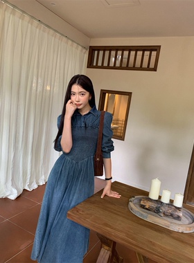 SWHP 现货复古港风柔软牛仔蓝长袖连衣裙春秋百搭收腰弹力中长裙