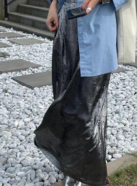 SWHP 现货 进口面料柔软半松紧高腰半身裙秋季百搭直筒开衩中长裙