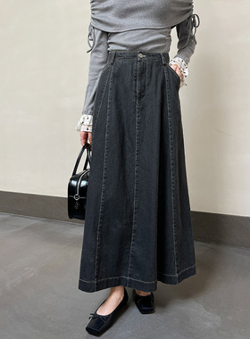 SWHP 清仓 复古牛仔黑色高腰半身裙秋季气质基础百搭伞裙中长裙