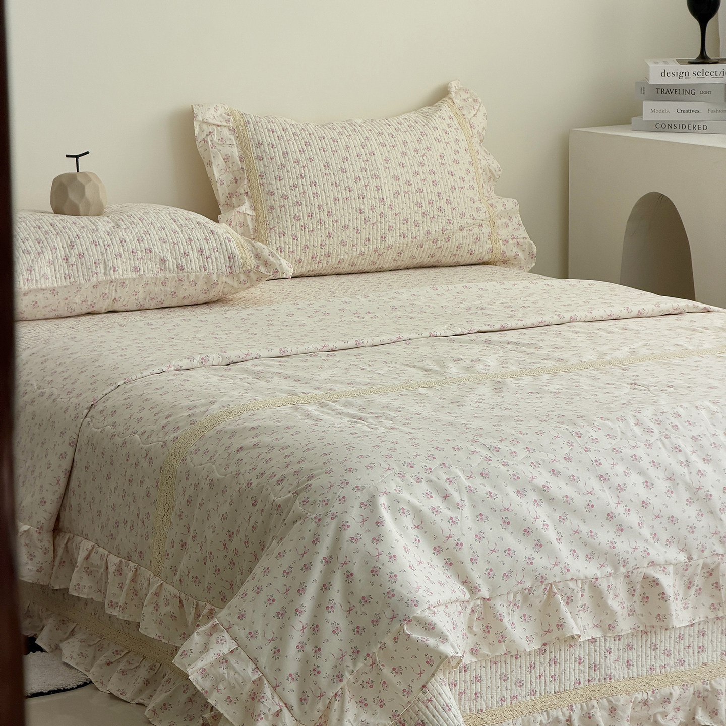 纯棉韩版田园小碎花床盖三件套多功能夹棉被套可机洗夏被四件套