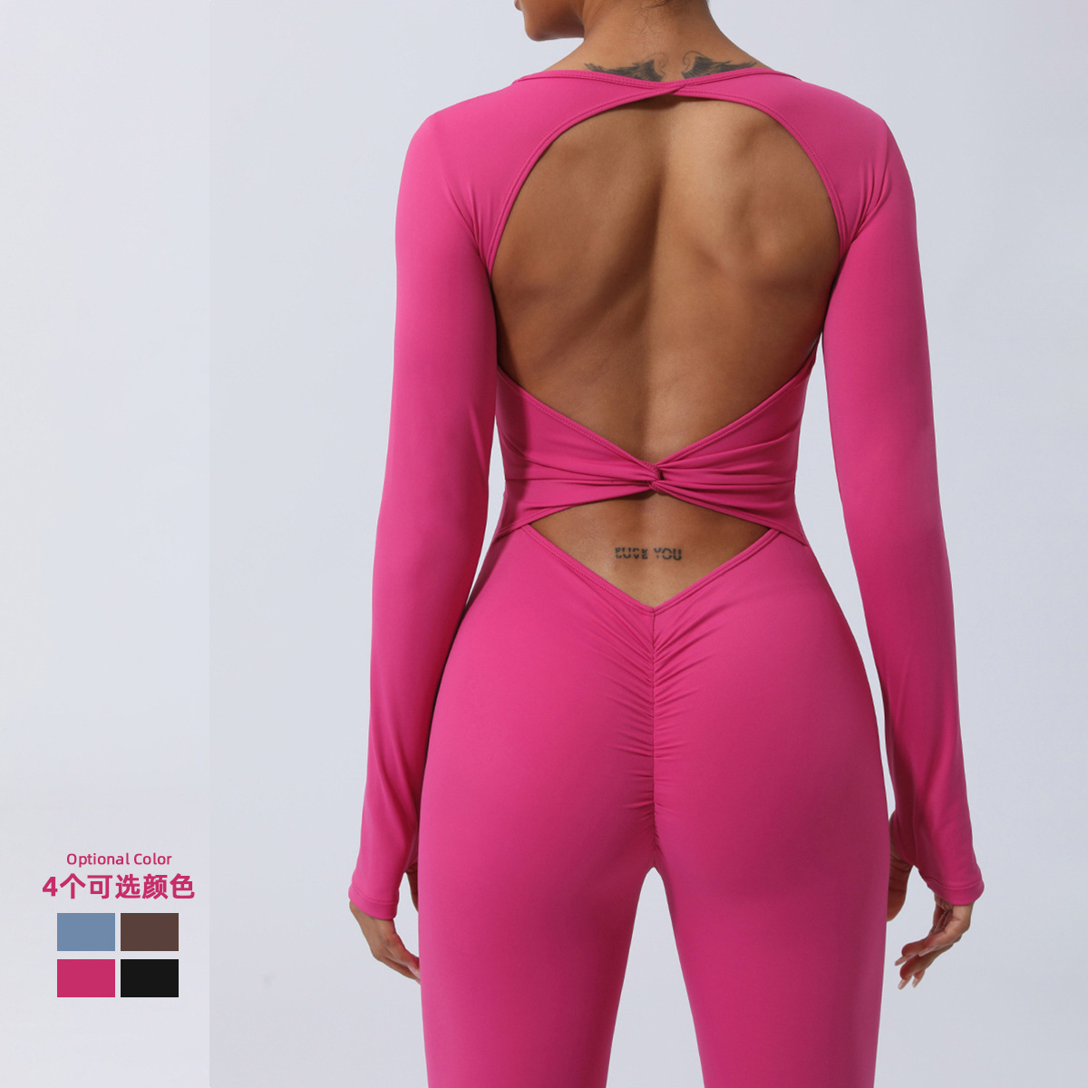欧美裸感速干露背连体衣瑜伽服提臀健身服长袖紧身训练连体衣