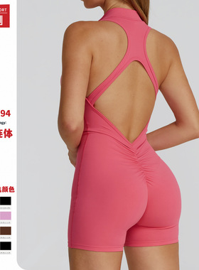 泽创春夏新款高强度运动美背瑜伽连体服拉链裸感紧身连体健身服女