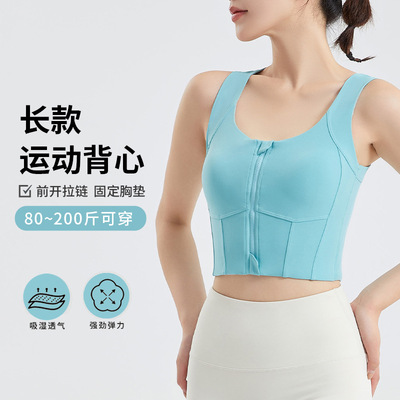大胸显小高强度大码前拉链运动背心女跑步健身训练长款外穿文胸