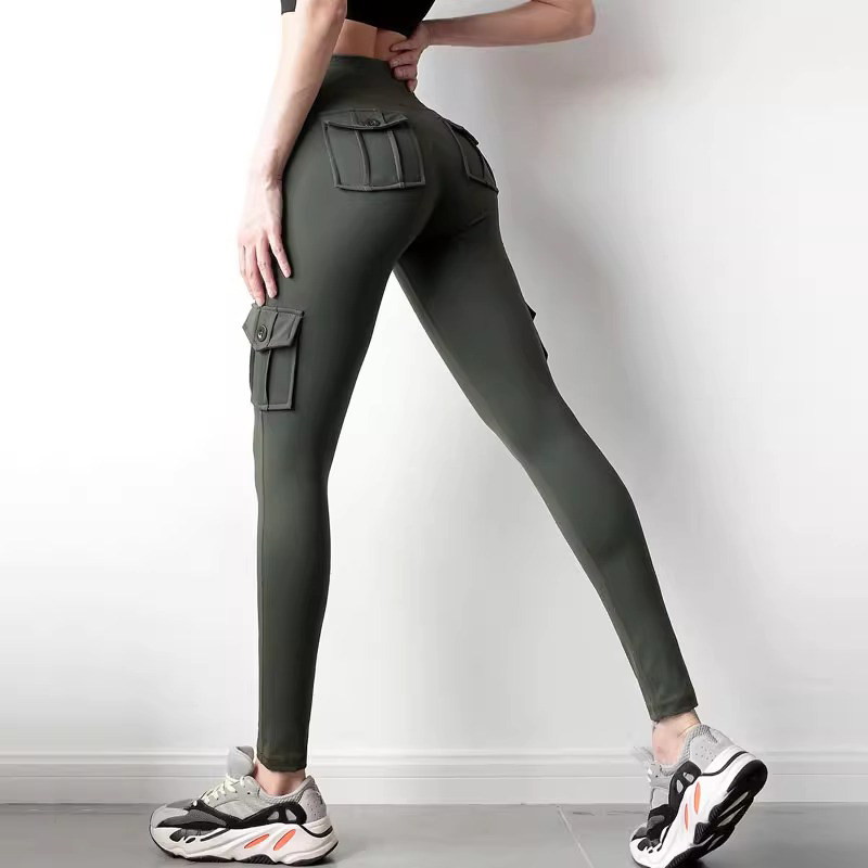 口袋高腰口袋提臀緊身外穿工裝褲