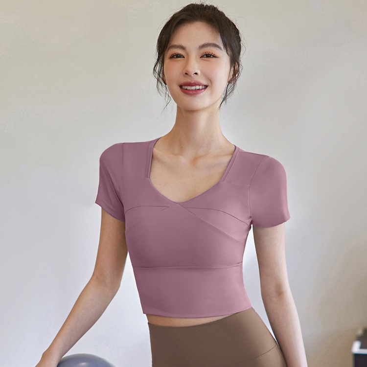 夏季瑜伽服女短袖健身衣服训练上衣修身显瘦跑步运动t恤带胸垫