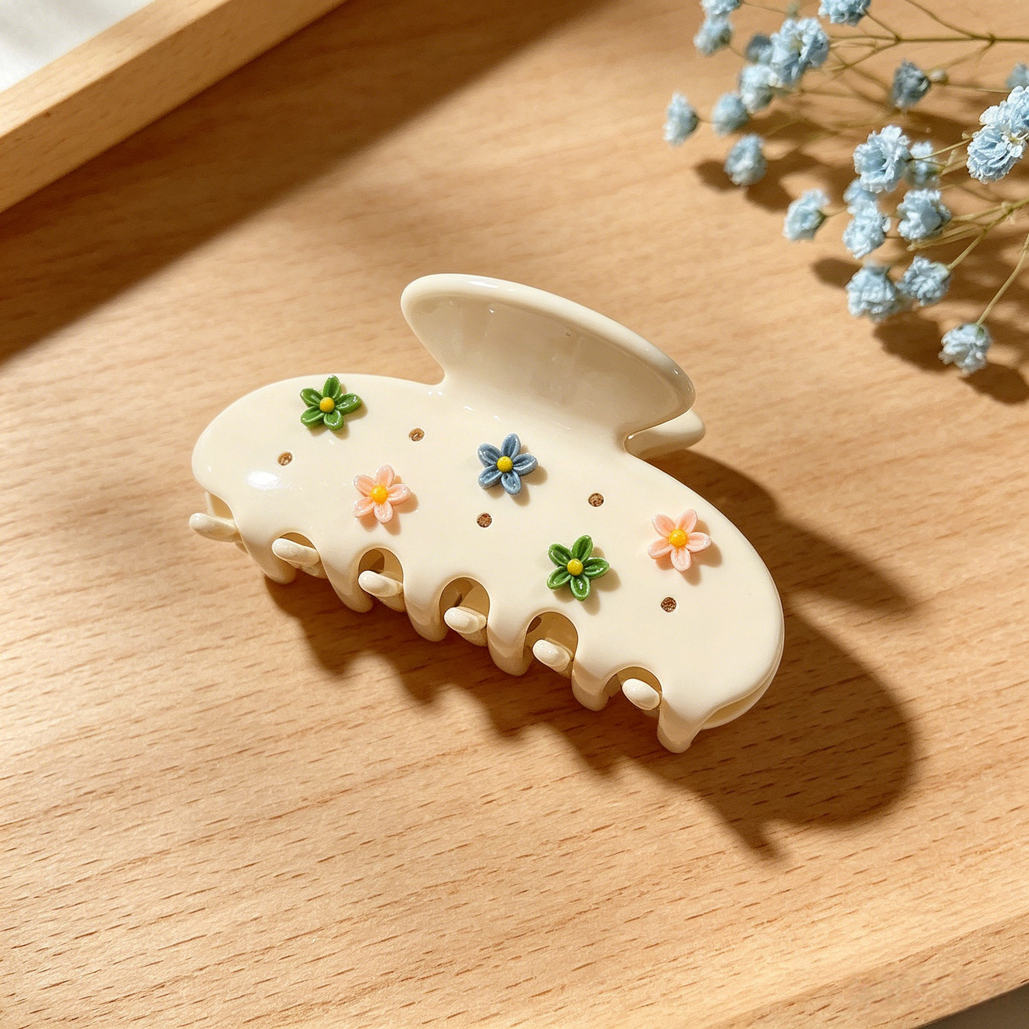 个性化中国风花朵装饰醋酸板材抓夹女中长发发夹白色椭圆形夹子