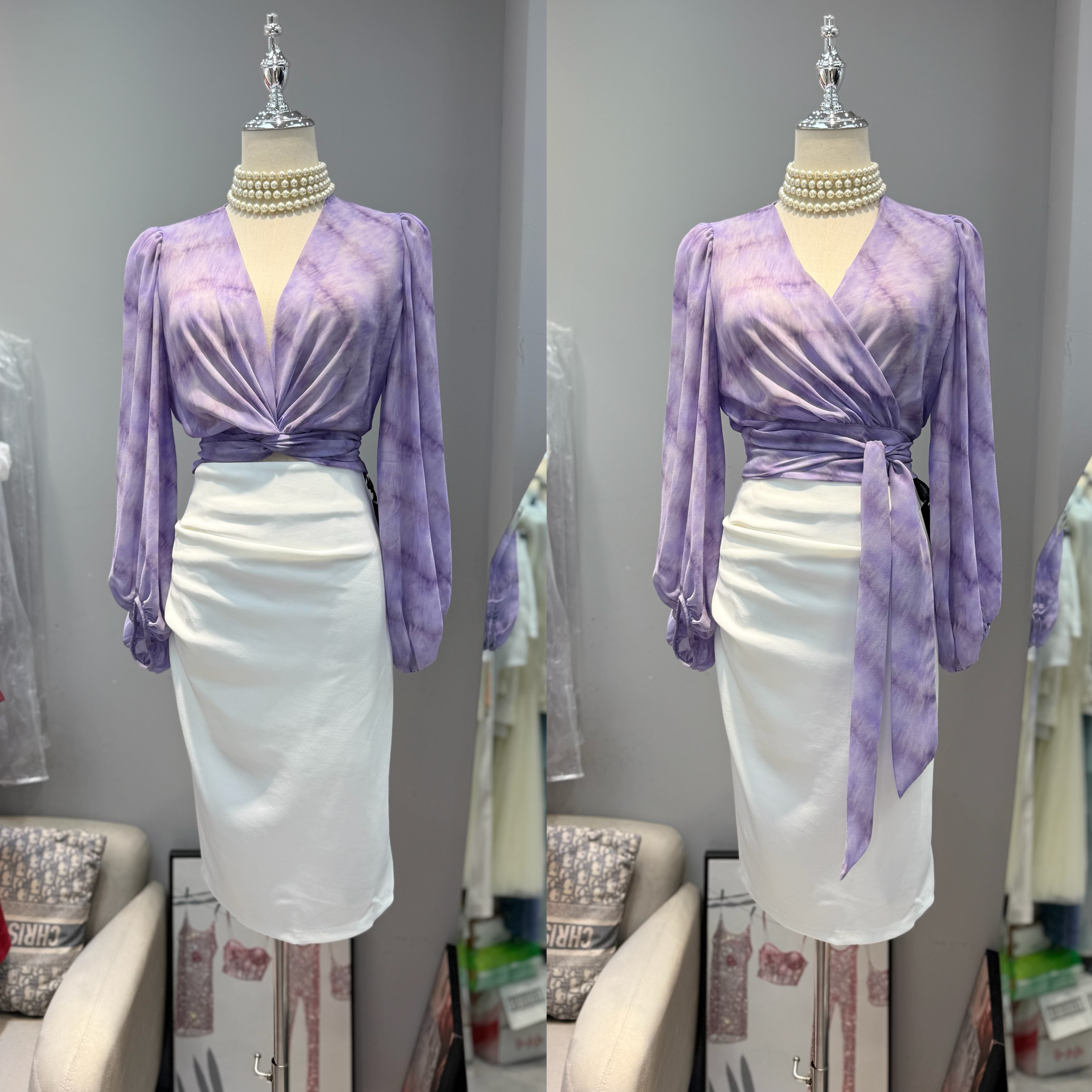 V领紫色印花气质绑带一片式长袖雪纺衬衫+高腰半身包臀裙两件套女