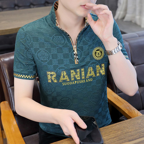 潮牌欧货烫钻半拉链立领短袖t恤